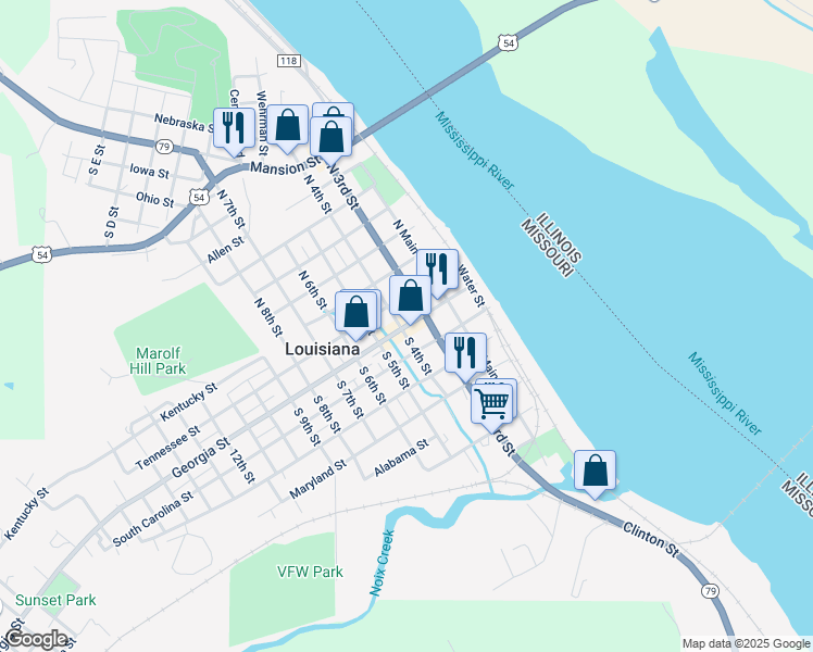map of restaurants, bars, coffee shops, grocery stores, and more near 111 North 4th Street in Louisiana