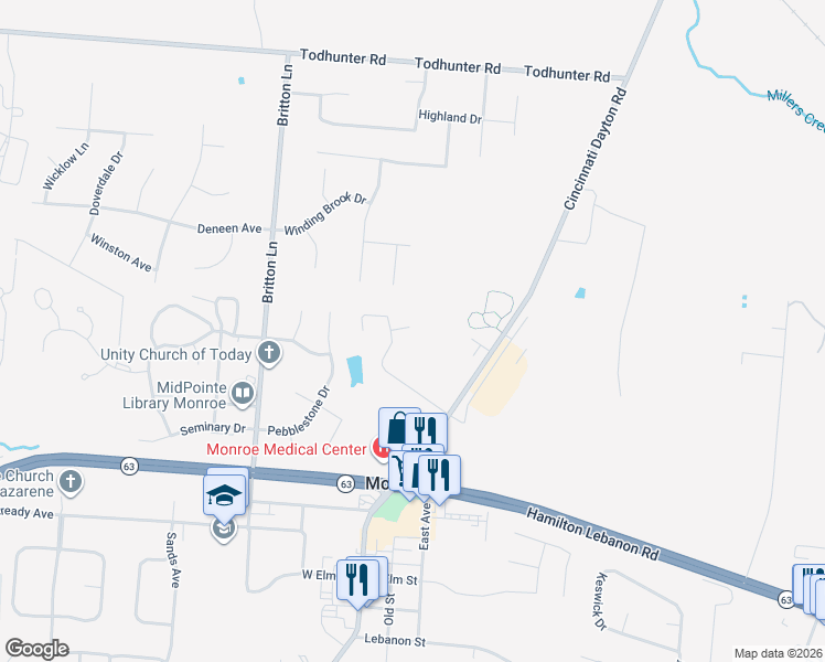 map of restaurants, bars, coffee shops, grocery stores, and more near 162 Overbrook Court in Monroe