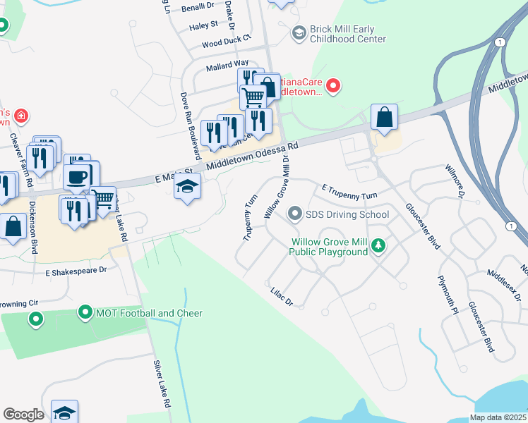 map of restaurants, bars, coffee shops, grocery stores, and more near 12 Willow Grove Mill Drive in Middletown