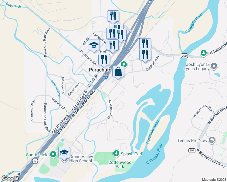 map of restaurants, bars, coffee shops, grocery stores, and more near 160 Cardinal Way in Parachute