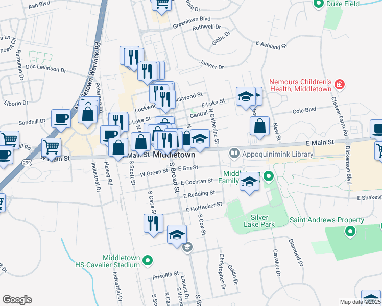 map of restaurants, bars, coffee shops, grocery stores, and more near 52 East Main Street in Middletown