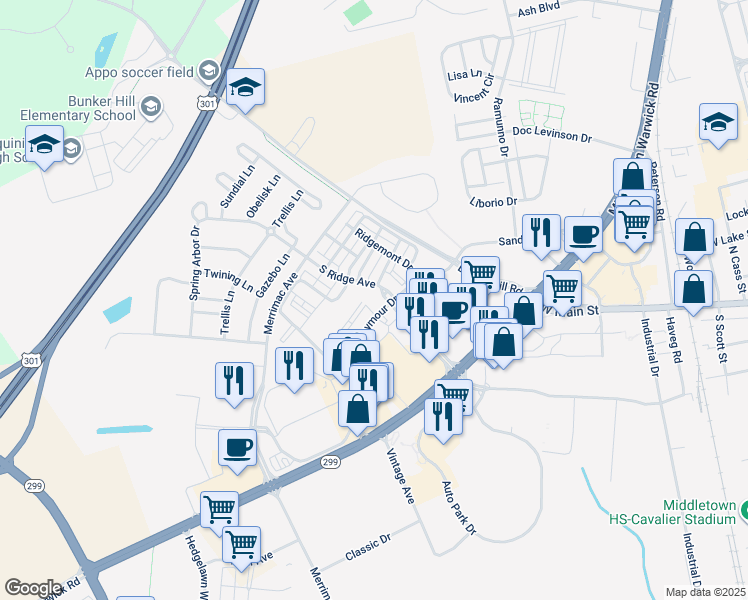 map of restaurants, bars, coffee shops, grocery stores, and more near 161 South Ridge Avenue in Middletown