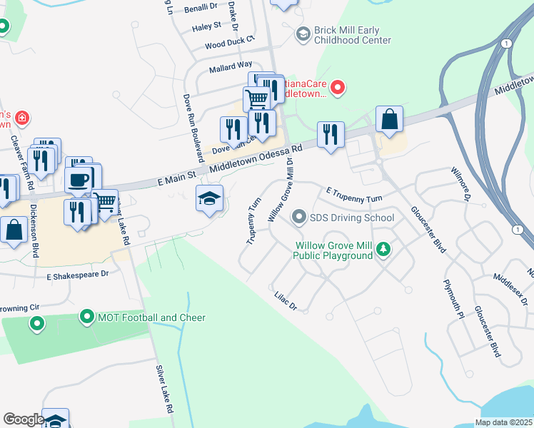 map of restaurants, bars, coffee shops, grocery stores, and more near 12 Willow Grove Mill Drive in Middletown