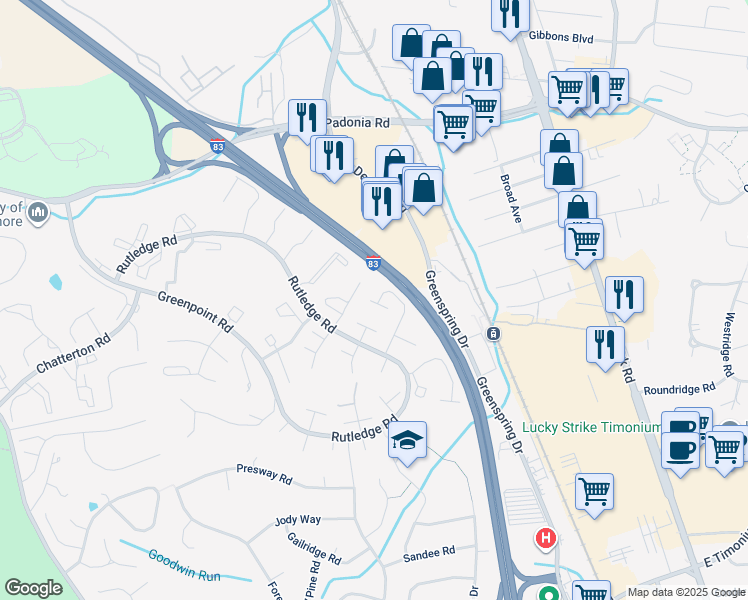 map of restaurants, bars, coffee shops, grocery stores, and more near 87 Blondell Court in Lutherville-Timonium