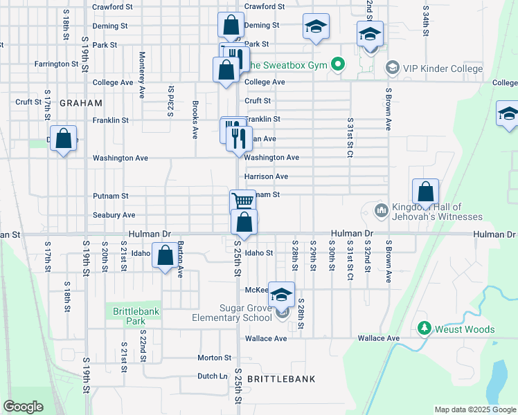 map of restaurants, bars, coffee shops, grocery stores, and more near 1616 South 25th Street in Terre Haute