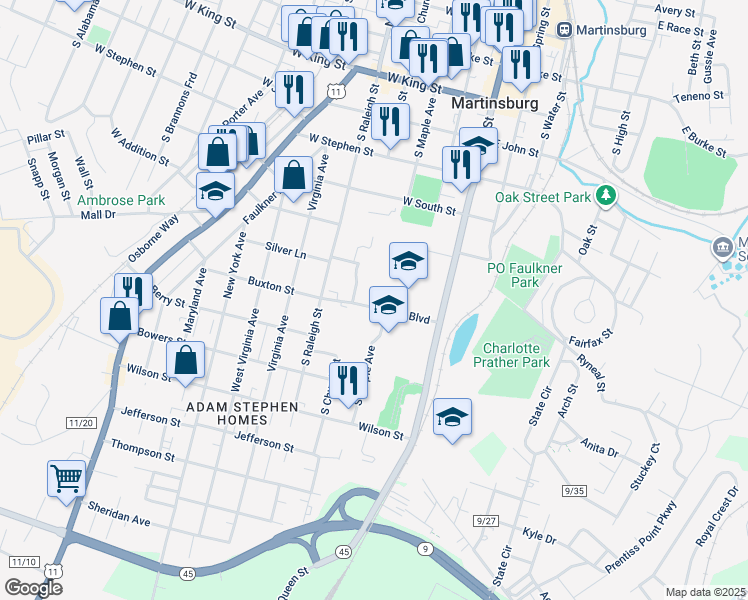 map of restaurants, bars, coffee shops, grocery stores, and more near 150 Bulldog Boulevard in Martinsburg
