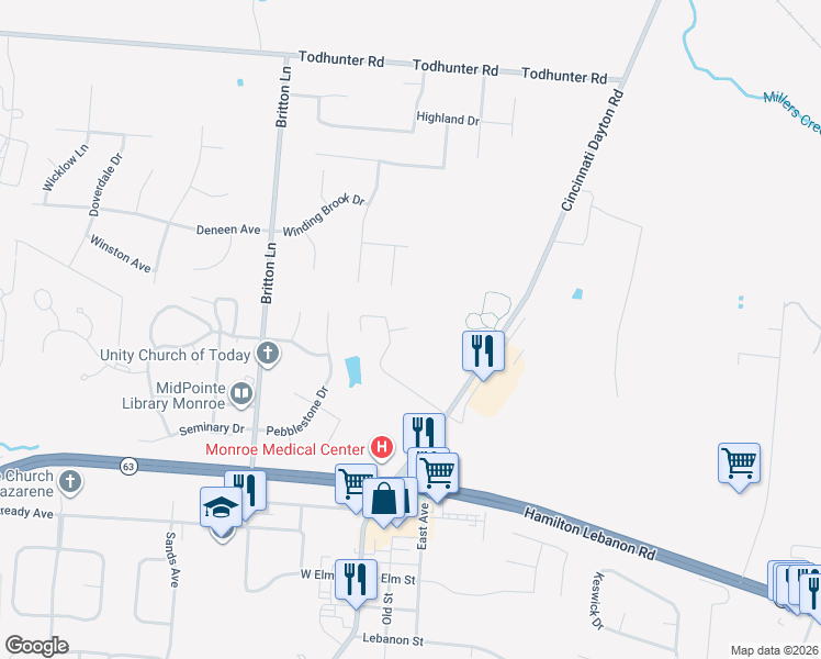 map of restaurants, bars, coffee shops, grocery stores, and more near 162 Overbrook Court in Monroe