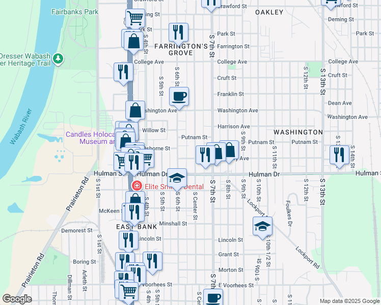 map of restaurants, bars, coffee shops, grocery stores, and more near 1535 South Center Street in Terre Haute