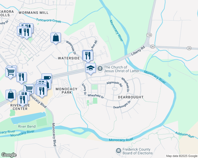 map of restaurants, bars, coffee shops, grocery stores, and more near 1630 Wheyfield Drive in Frederick