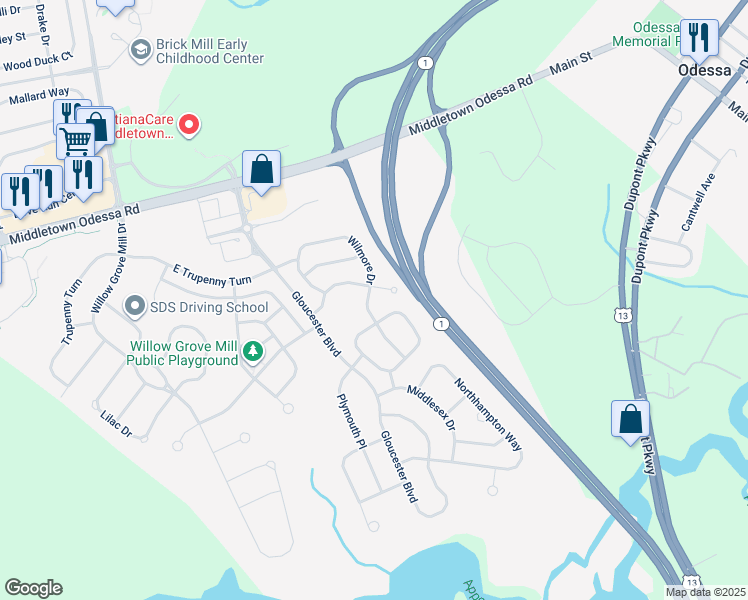map of restaurants, bars, coffee shops, grocery stores, and more near 972 Lansdowne Road in Middletown
