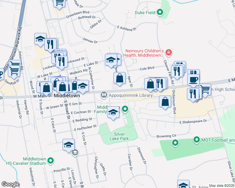 map of restaurants, bars, coffee shops, grocery stores, and more near 217 East Main Street in Middletown