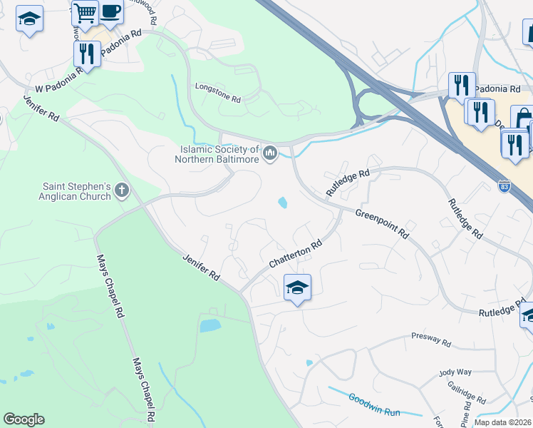 map of restaurants, bars, coffee shops, grocery stores, and more near 104 Castletown Road in Timonium