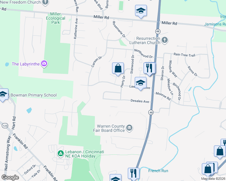 map of restaurants, bars, coffee shops, grocery stores, and more near 105 Lawndale Avenue in Lebanon