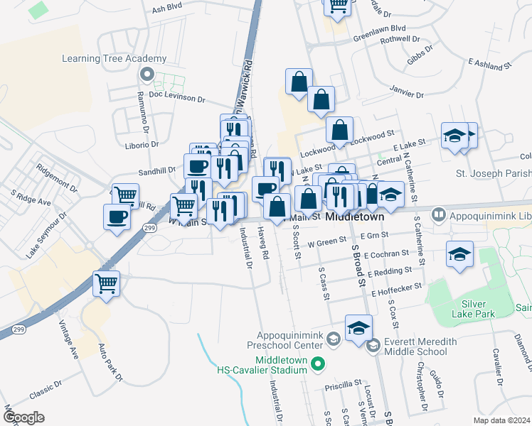 map of restaurants, bars, coffee shops, grocery stores, and more near 5407 Peterson Road in Middletown