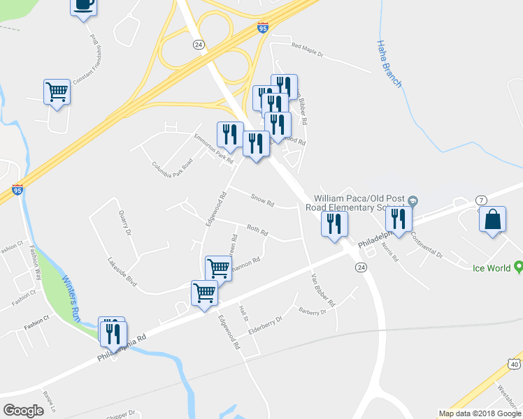 map of restaurants, bars, coffee shops, grocery stores, and more near 2211 Snow Road in Edgewood
