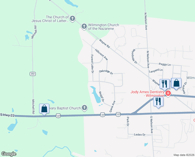 map of restaurants, bars, coffee shops, grocery stores, and more near 363 Oakridge Drive in Wilmington