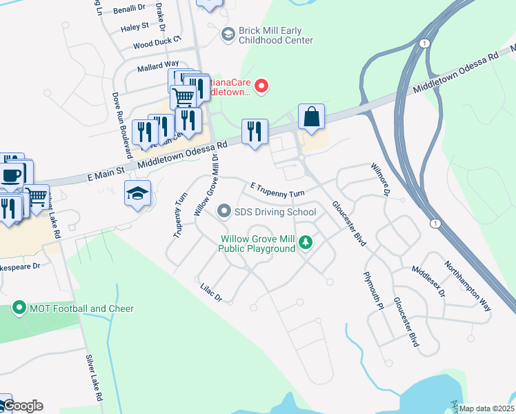 map of restaurants, bars, coffee shops, grocery stores, and more near 103 Gillespie Avenue in Middletown