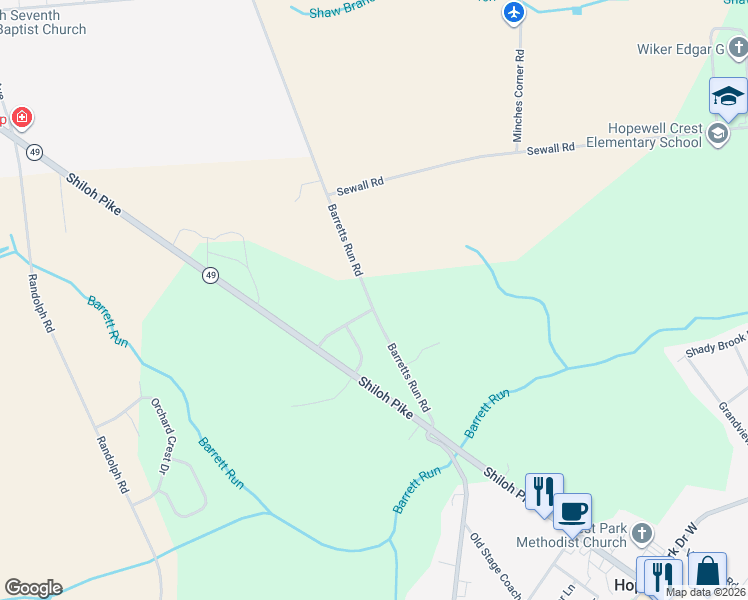 map of restaurants, bars, coffee shops, grocery stores, and more near 607 Barretts Run Road in Bridgeton