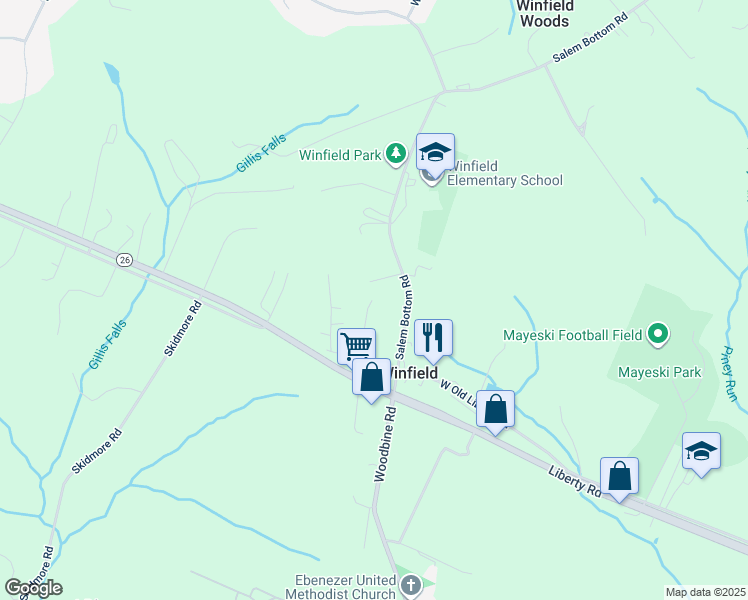 map of restaurants, bars, coffee shops, grocery stores, and more near 1740 Old Liberty Road in Westminster