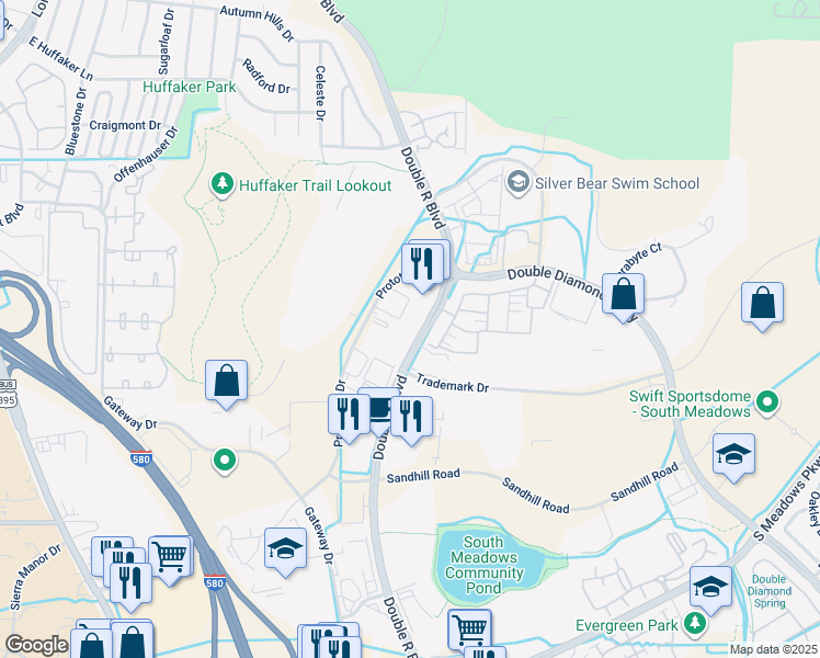 map of restaurants, bars, coffee shops, grocery stores, and more near 9395 Double R Blvd in Reno