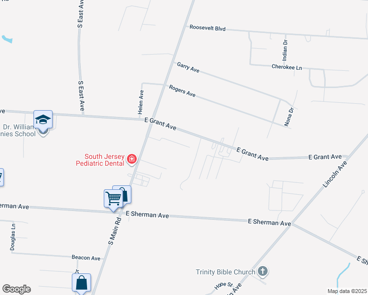 map of restaurants, bars, coffee shops, grocery stores, and more near 1033 Alexander Drive in Vineland