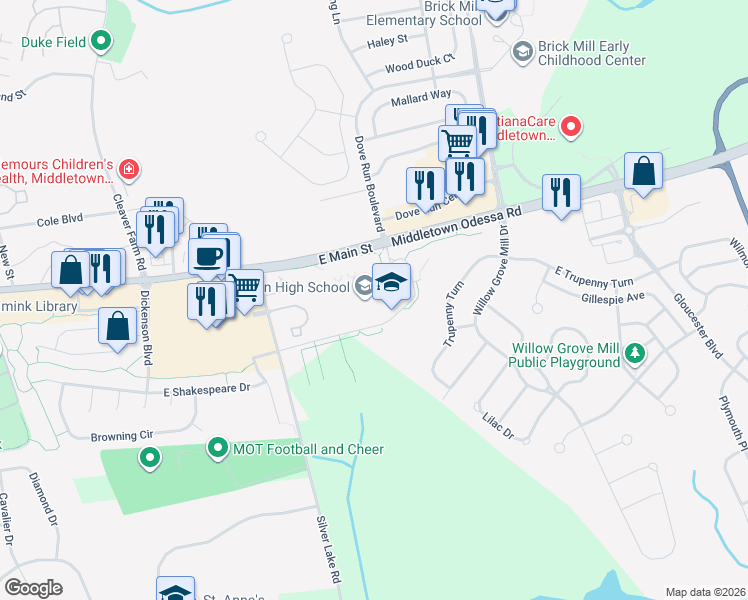 map of restaurants, bars, coffee shops, grocery stores, and more near 120 Silver Lake Road in Middletown