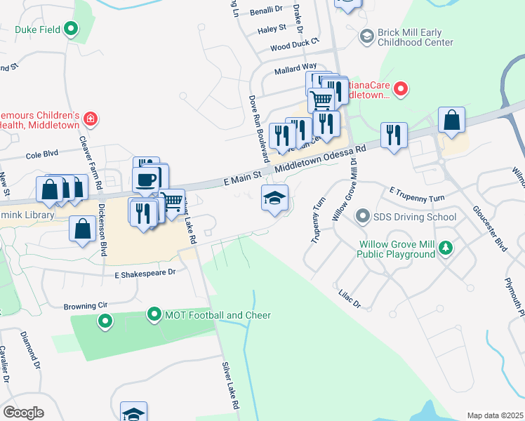 map of restaurants, bars, coffee shops, grocery stores, and more near 120 Silver Lake Road in Middletown