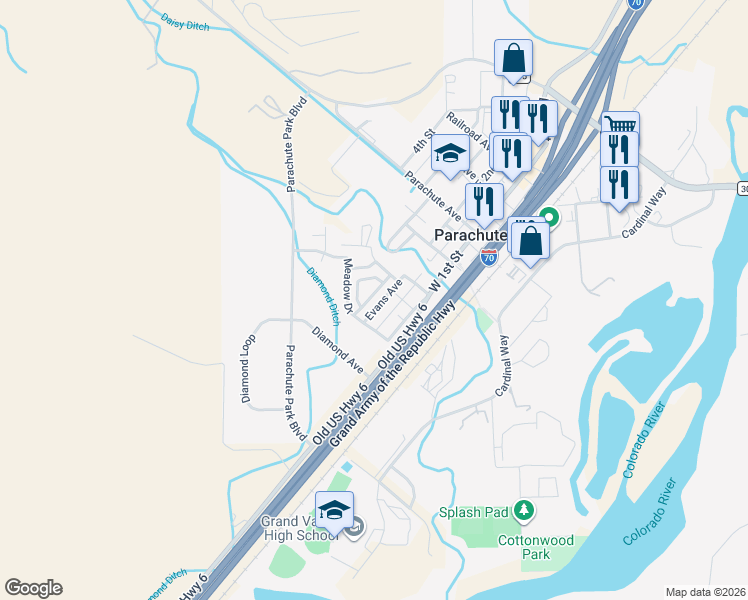map of restaurants, bars, coffee shops, grocery stores, and more near 405 Wild Rose Lane in Parachute