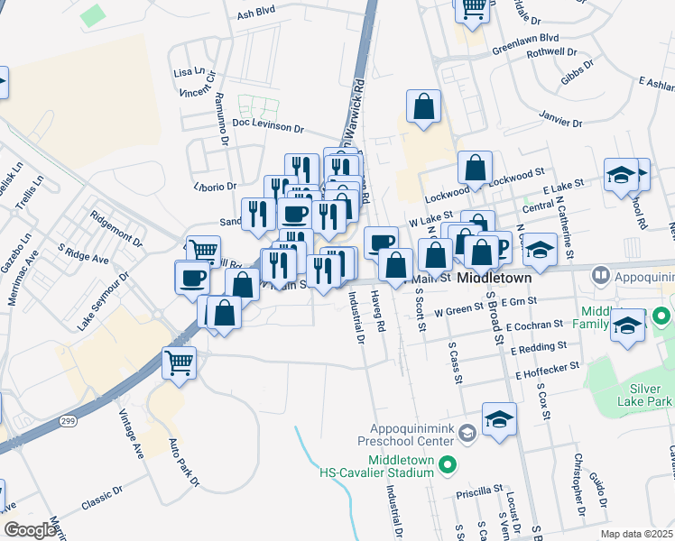 map of restaurants, bars, coffee shops, grocery stores, and more near 455 West Main Street in Middletown