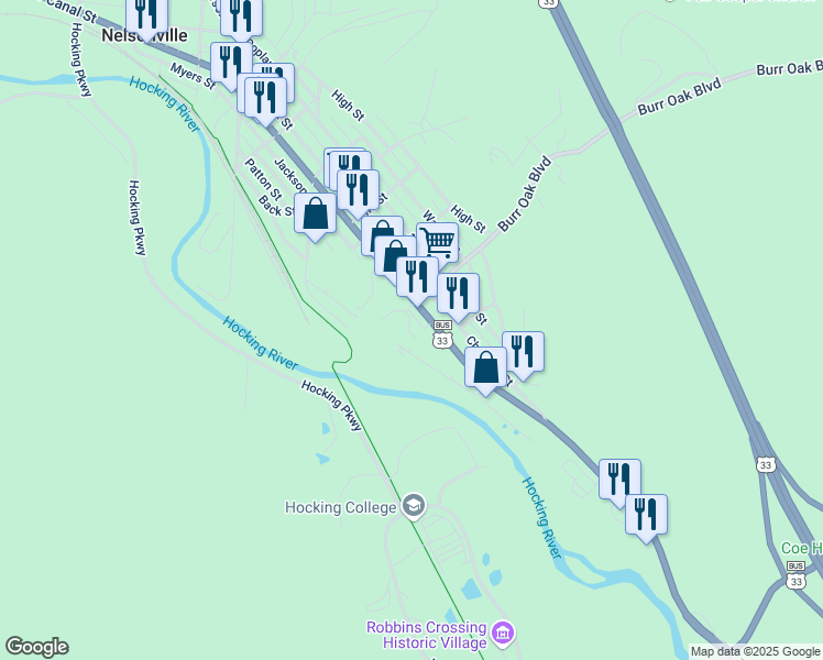 map of restaurants, bars, coffee shops, grocery stores, and more near 1025 East Canal Street in Nelsonville