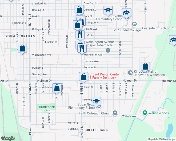 map of restaurants, bars, coffee shops, grocery stores, and more near 1616 South 25th Street in Terre Haute