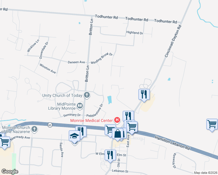 map of restaurants, bars, coffee shops, grocery stores, and more near 350 Pebblestone Drive in Monroe