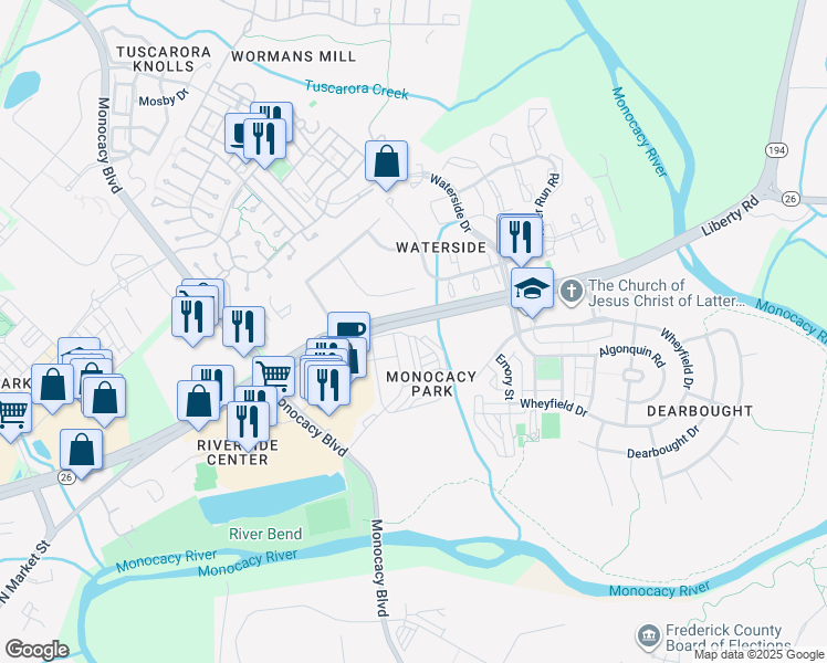 map of restaurants, bars, coffee shops, grocery stores, and more near 1558 Trafalgar Lane in Frederick