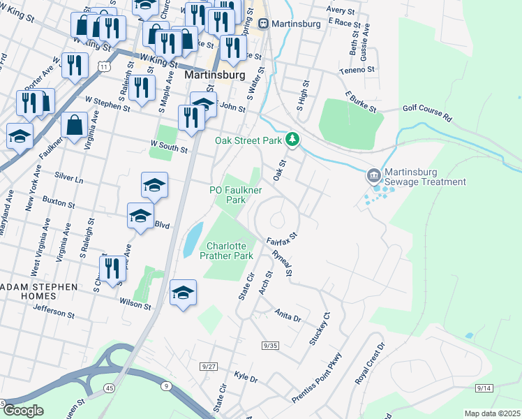 map of restaurants, bars, coffee shops, grocery stores, and more near 122 Fairfax Street in Martinsburg