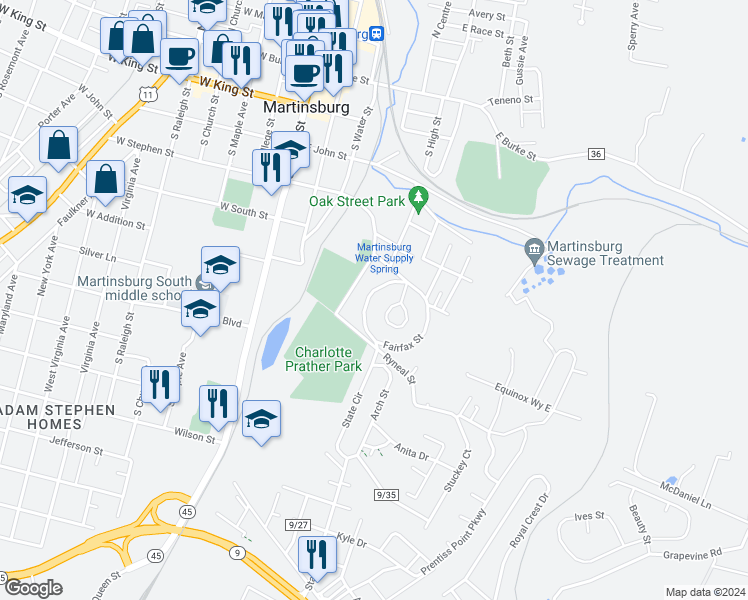 map of restaurants, bars, coffee shops, grocery stores, and more near 122 Fairfax Street in Martinsburg