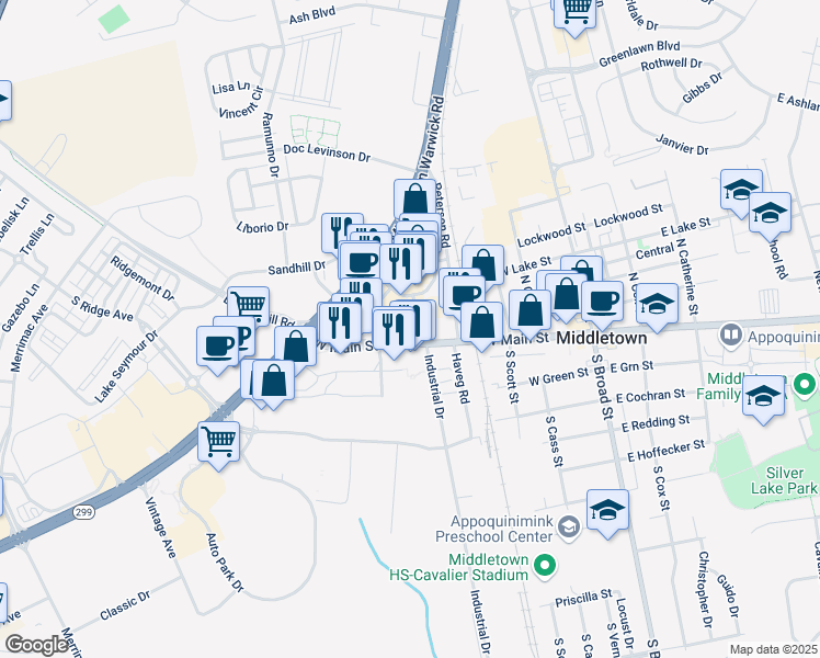map of restaurants, bars, coffee shops, grocery stores, and more near 405 West Main Street in Middletown