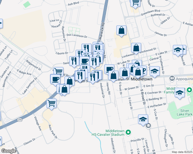 map of restaurants, bars, coffee shops, grocery stores, and more near 405 West Main Street in Middletown