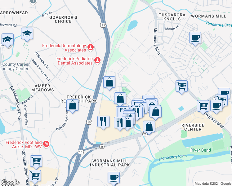 map of restaurants, bars, coffee shops, grocery stores, and more near 2731 Egret Way in Frederick