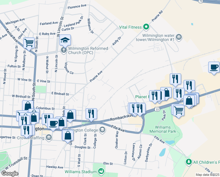 map of restaurants, bars, coffee shops, grocery stores, and more near 12 Prairie Avenue in Wilmington