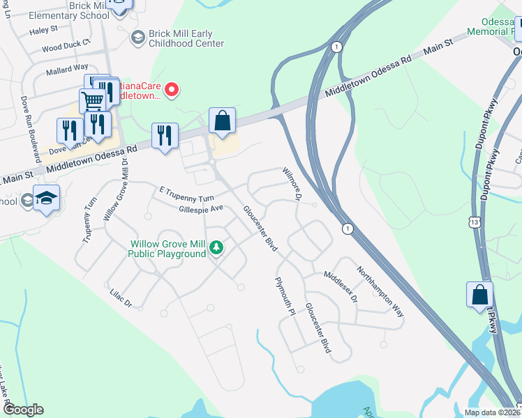 map of restaurants, bars, coffee shops, grocery stores, and more near 417 Wilmore Drive in Middletown