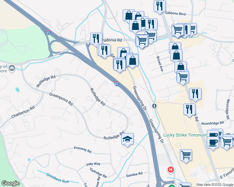 map of restaurants, bars, coffee shops, grocery stores, and more near 83 Blondell Court in Timonium