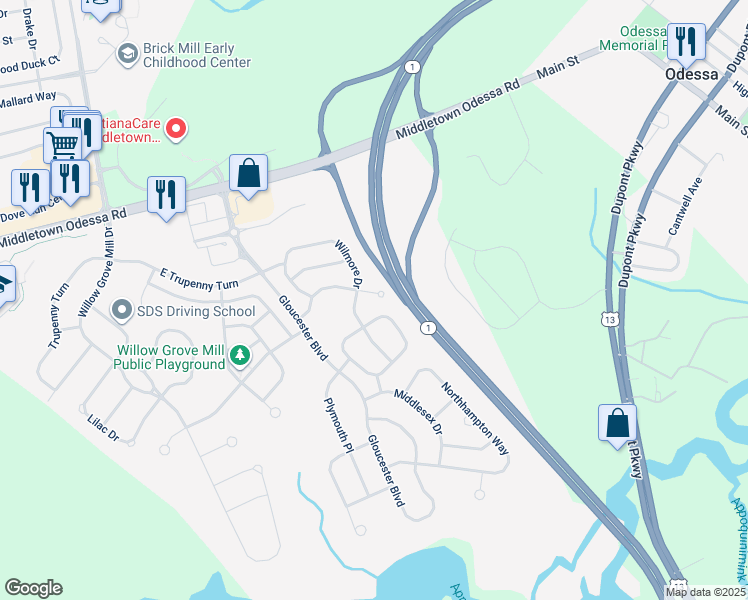 map of restaurants, bars, coffee shops, grocery stores, and more near 972 Lansdowne Road in Middletown