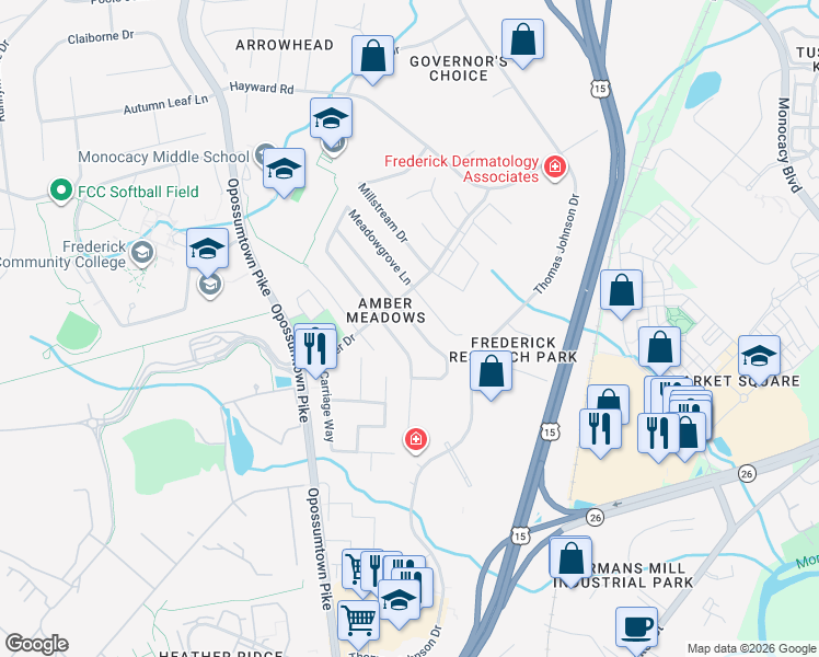 map of restaurants, bars, coffee shops, grocery stores, and more near 1791 Harvest Drive in Frederick