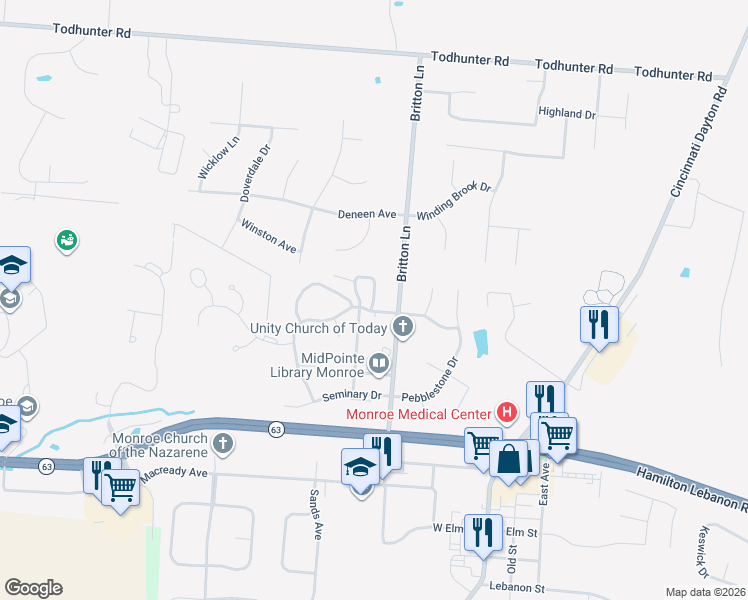 map of restaurants, bars, coffee shops, grocery stores, and more near Miami Drive in Monroe