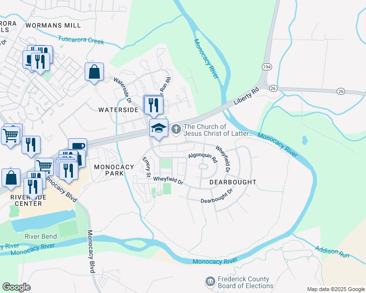 map of restaurants, bars, coffee shops, grocery stores, and more near 1648 Wheyfield Drive in Frederick