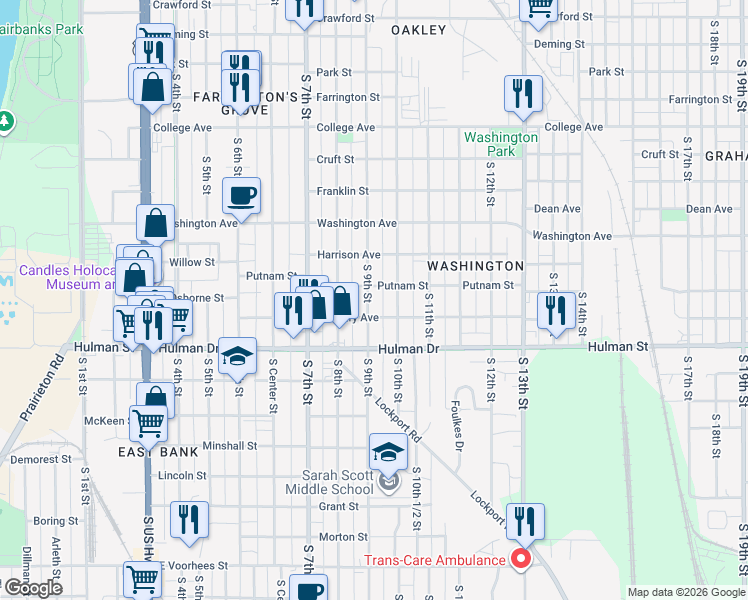 map of restaurants, bars, coffee shops, grocery stores, and more near 1515 South 10th Street in Terre Haute