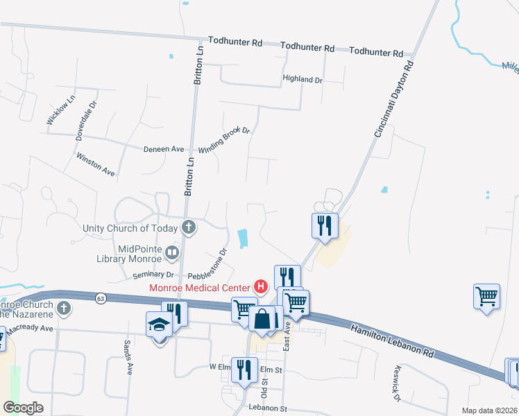 map of restaurants, bars, coffee shops, grocery stores, and more near 207 Overbrook Court in Monroe