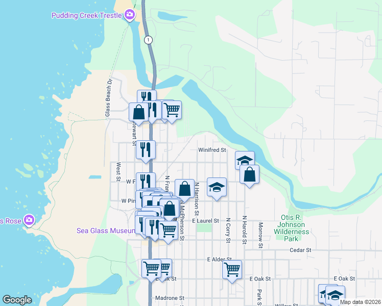 map of restaurants, bars, coffee shops, grocery stores, and more near 360 Winifred Street in Fort Bragg