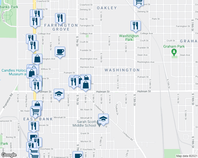 map of restaurants, bars, coffee shops, grocery stores, and more near 1515 South 10th Street in Terre Haute