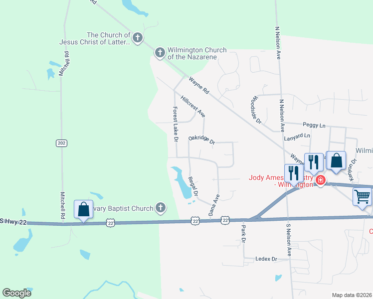 map of restaurants, bars, coffee shops, grocery stores, and more near 363 Oakridge Drive in Wilmington